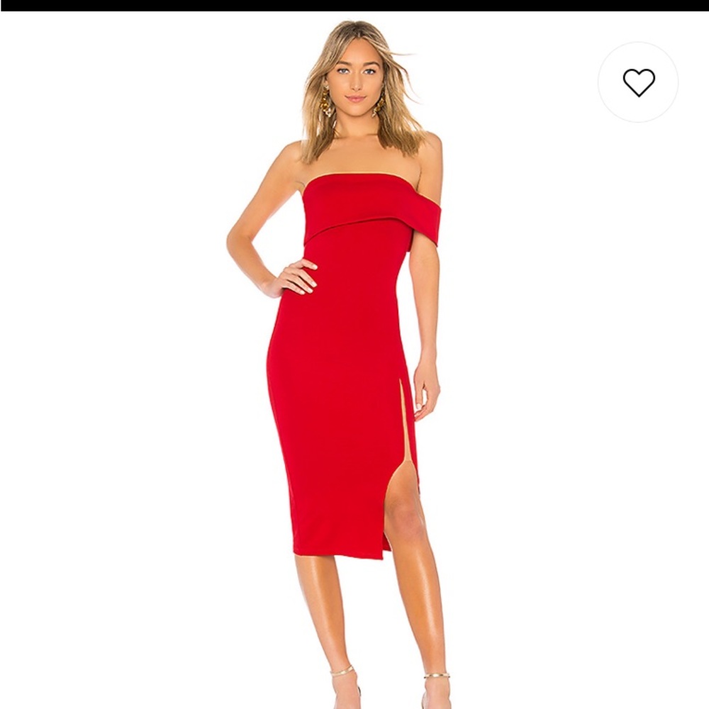 Michael Costello x Revolve red midi off the shoulder dress